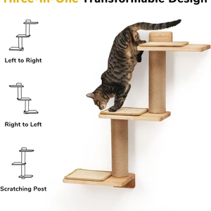 Escalier mural pour chat à 2 niveaux en bois naturel, durable, motif solide, avec tapis en sisal remplaçable, marches de observation, mobilier pour animaux de compagnie peu encombrant - Product Image 4