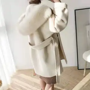 QIUCHEN JM2001 giacca invernale da donna in lana alpaca lunga con cappuccio in pelliccia di volpe cappotto double face in lana