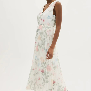 Women's Elegant Pink Green Floral Print V-Neck Sleeveless Pleated Chiffon Midi Dress Romantic Summer Wedding Vacation - Product Image 4