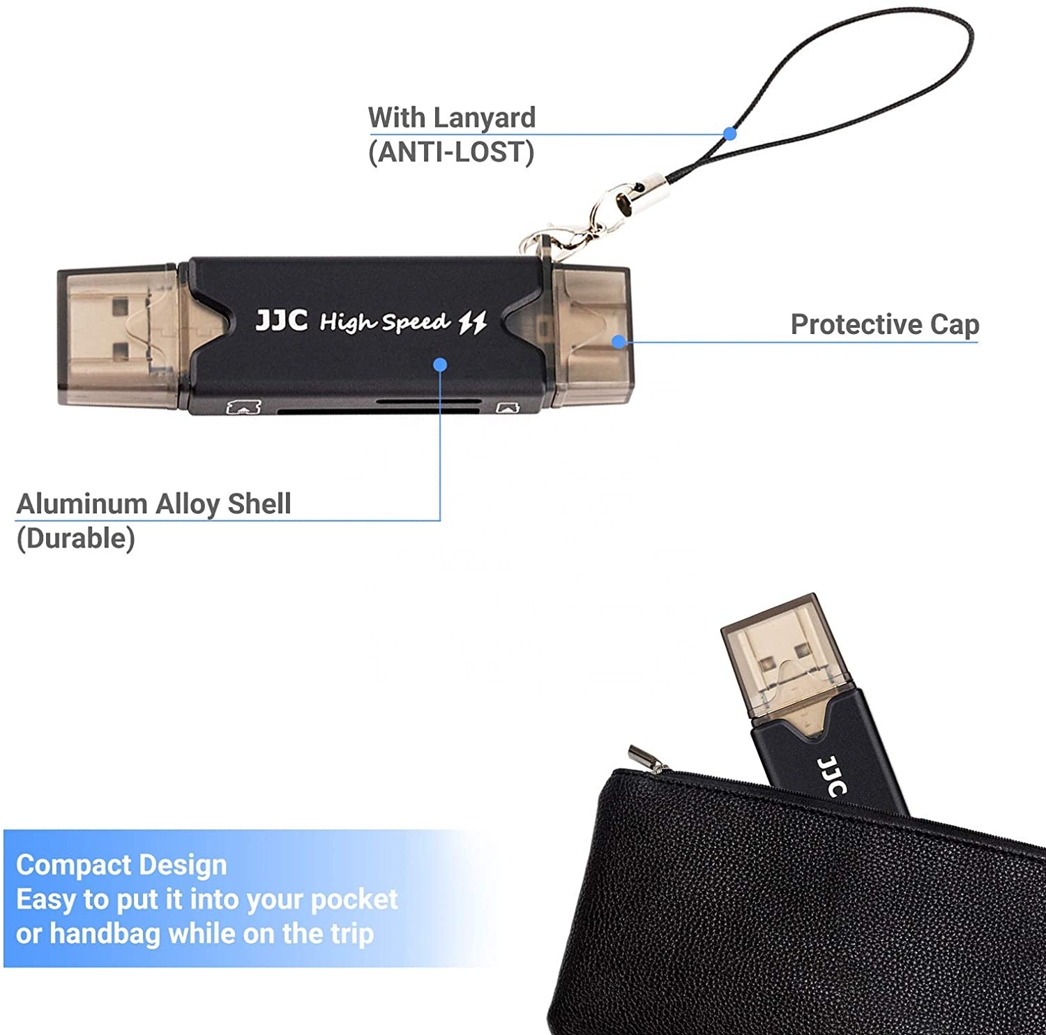 Lecteur Carte SD JJC 3-en-1 USB-C/USB-A/Micro USB - Support 1To - Vitesse 90Mo/s - Métal - Noir