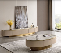 Table basse Hanyee de luxe avec cadre en acier inoxydable, tiroir en cuir Barenia, plateau en marbre, ensemble table basse et meuble TV pour salon