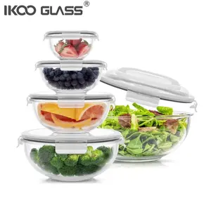 5 Piece Airtight neat nesting bpa free glass salad mixing bowls with lids set for kitchen baking,prepping,serving,food storage