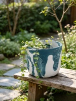 Pot Plastik Ukiran Tangan Motif Marmer Warna Teal Putih Gaya Amerika Modern Dekoratif Pot Bunga Bergaya untuk Dalam/Luar Ruangan untuk Rumah