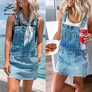 2021 New Style Women's Casual Adjusted Strap Ripped Denim Jeans Dresses American Flag Bib Pocket Short Overalls Dress For Women