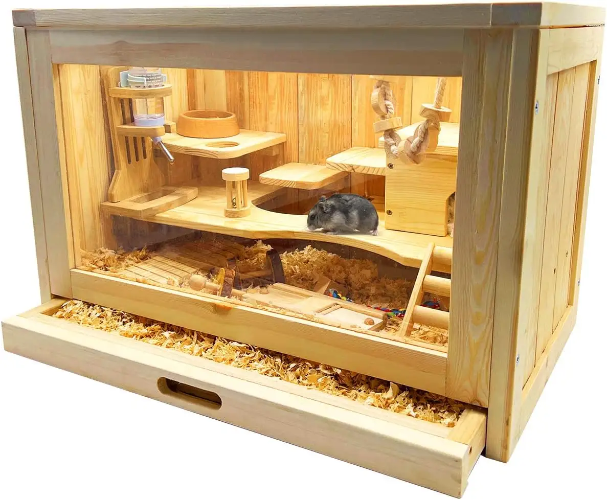 木製ハムスターケージと生息地、モルモット、ベルベットマウス、棚とはしご付きの2つのレベルに適しています