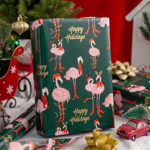 Christmas Wrapping Paper Roll Gold Flamingo Print Green Eco Friendly Gift Craft 46.8 Square Feet - Product Image 2