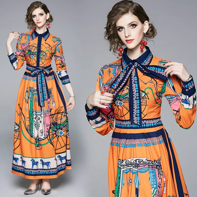 Gaun Panjang Bunga Wanita Lengan Penuh Renda Leher Polo Antik Mode Desain Baru Musim Gugur Kualitas Tinggi Penjualan Langsung Pabrik