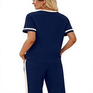Conjunto de Dos Piezas Azul Marino para Mujer, Top de Manga Corta con Cuello Redondo y Pantalones Largos con Raya Lateral, Estilo Casual Holgado, Tejido de Algodón y Poliéster - Product Image 3