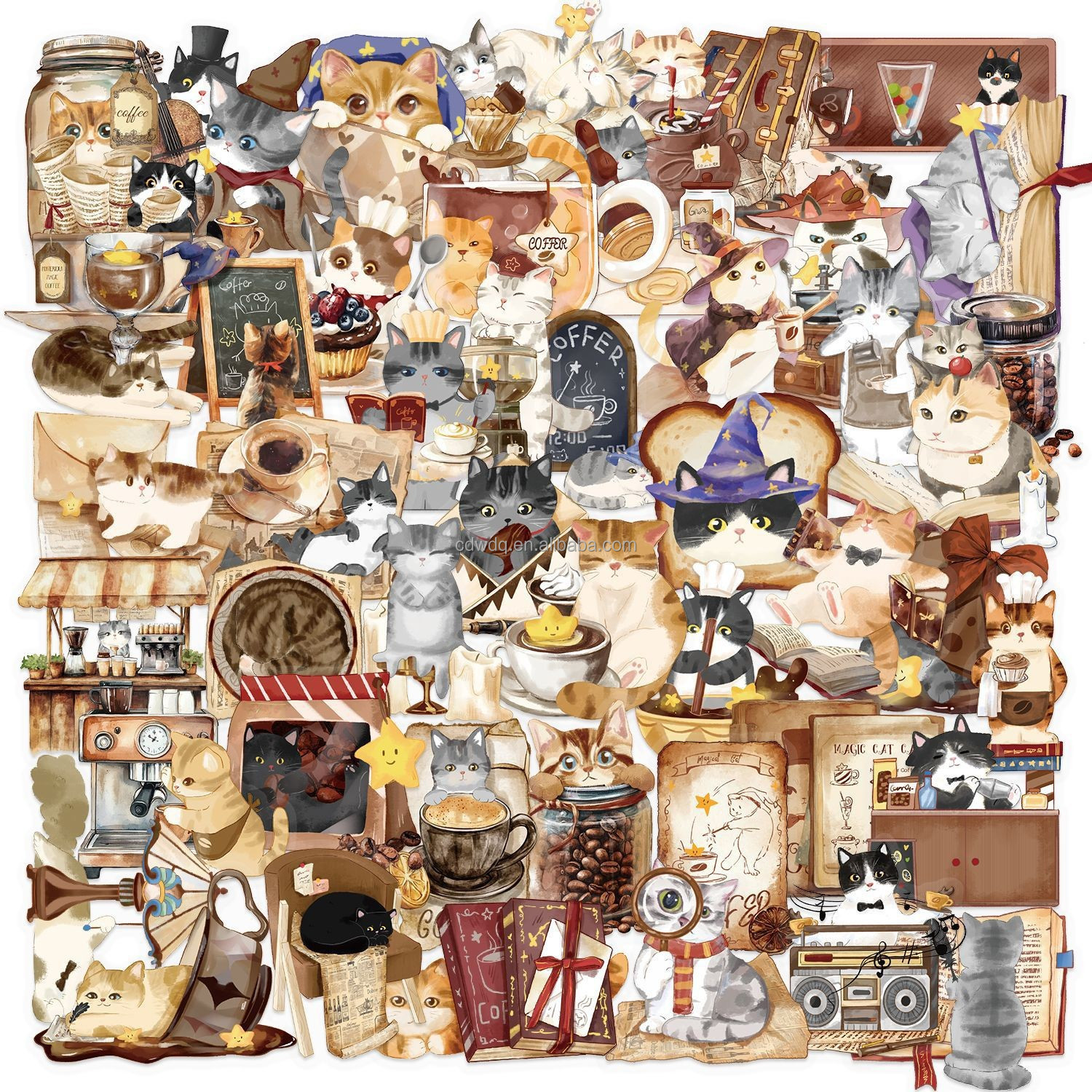 Ensemble d'autocollants chat magique marron, 50 pièces