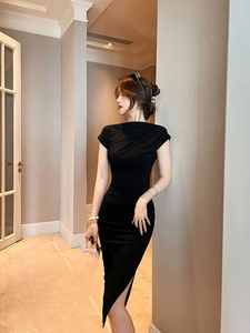 Nuevo Vestido Elegante al por Mayor <span class=keywords><strong>de</strong></span> Color Liso con Manga Corta, Abertura Lateral y Pliegues, Casual <span class=keywords><strong>de</strong></span> Longitud Media para Mujer - Vestido Formal Sexy - Product Image 3