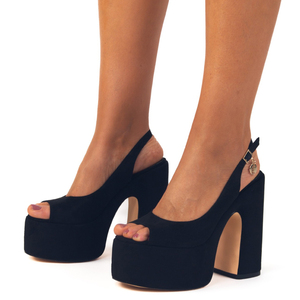 Zapatos de tacón alto grueso de ante para mujer con correa trasera, sandalias de plataforma gruesa con punta abierta y tira trasera - Product Image 3