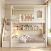 Lit superposé en bois blanc personnalisé avec escalier de rangement, tiroirs, bibliothèque, confortable, moderne, en forme de maison