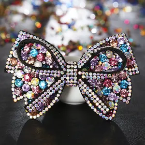 HX-322 Crystal Bow Shape Hair Clips Colorful Rhinestone Hairclip Barrettes Fashion PU Flower Hair Accessories For Girls