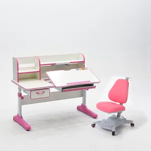 Mesa de estudio ergonómica y ajustable para niñas, escritorio de madera con almacenamiento y juego de sillas para niños en casa, color rosa