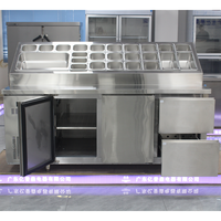 Plan de travail industriel en acier inoxydable à double porte, certifié CE, haute efficacité, sans givre, pour préparation de salades et pizzas, avec cloison en verre et refroidissement par air