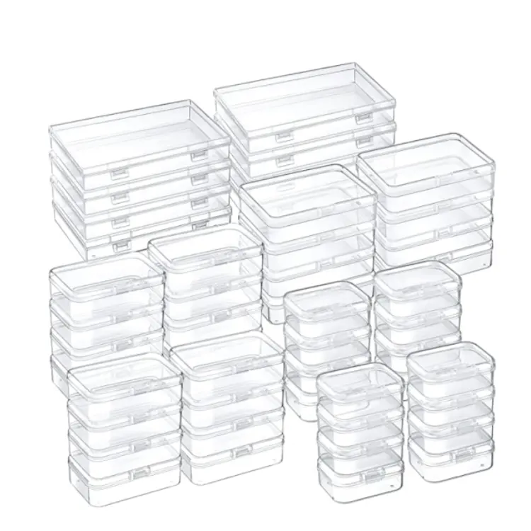 High Quality Rectangular Empty Mini Clear Plastic Organizer Storage Box Containers with Hinged Lids for Small Items, Jewelry