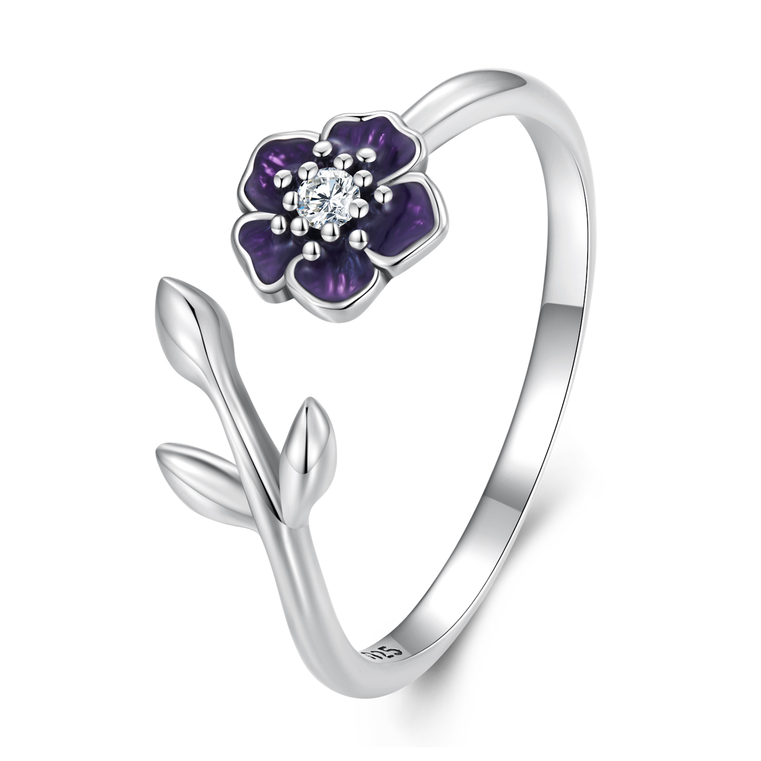 925 Sterling Silver Enamel Purple Flower Ring - BSR394