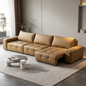 Sofá Seccional Moderno en Forma de L de Cuero Genuino con Respaldo Acolchado y Patas de Metal para Sala de Estar - Product Image 1