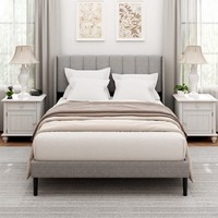 Lit moderne haut de gamme réglable en tissu lin gris avec tête de lit à oreilles, base de rangement hydraulique, sans sommier requis, idéal pour chambre d'appartement de petite taille
