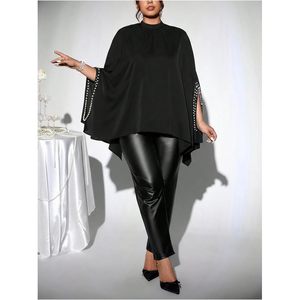 Poncho sin mangas con perlas para mujer, talla grande, cuello alto, asimétrico, de gasa, elegante, para fiesta o club. - Product Image 4