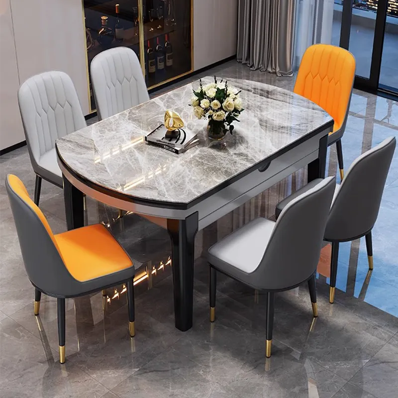Restoran için Modern ev mobilyası yemek masası seti 6 kişilik yuvarlak mermer yemek masası