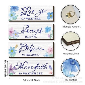 ป้ายไม้ติดผนังลายดอกไม้สีน้ำสร้างสรรค์ 4 ชิ้น รูปทรงสี่เหลี่ยมผืนผ้า ของตกแต่งบ้าน ป้ายแขวน วัสดุไม้บ็อกซ์วูด ลายพืช - Product Image 4