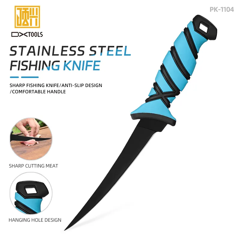 Coltello da pesca in acciaio inossidabile con manico di colore personalizzato di alta qualità coltello da filetto da pesca con rivestimento antiscivolo nero all'aperto