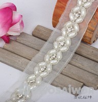 Imitasyon İnci Rhinestones Dantel Boncuklu Trim Dantel Kristal Aplike yama Elbise için LO10026