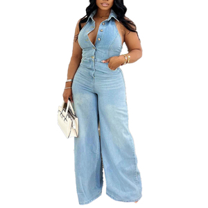 Mono vaquero largo con cuello Sexy para mujer, informal, <span class=keywords><strong>de</strong></span> verano, listo para <span class=keywords><strong>fiesta</strong></span>, Color sólido, estación independiente transfronteriza, con fugas en la <span class=keywords><strong>espalda</strong></span>, nuevo - Product Image 3