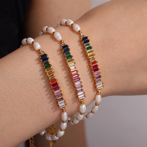 Freshwater Pearl <b>Beaded</b> <b>Bracelet</b> With Colorful Zircon Gems Stainless Steel Party Jewelry Irregular Geometric Design - Product Image 4