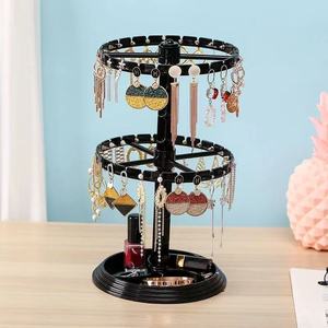 <b>Rotatable</b> Double Layer Jewelry Display Rack Black Plastic Earring Necklace Organizer Storage Stand for <b>Desk</b> Use - Product Image 1