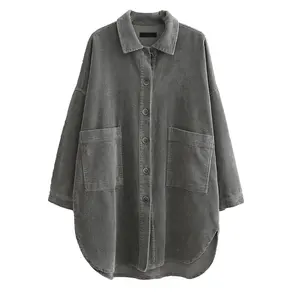 Spring autumn new Korea turn down collar coat pocket design corduroy blouse