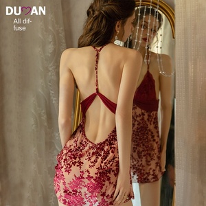 Chemise de nuit en velours respirant de luxe léger, motif floral brûlé, dos en Y, taille élastique, décolleté en V profond, style sling, pur désir, longueur genou, été - Product Image 4