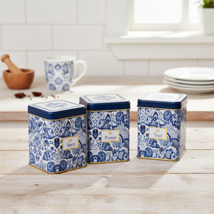 Lot de 3 boîtes carrées en métal 75x75x100mm (lot de 3) Motif décoratif bleu et blanc inspiré des azulejos Design - Product Image 3