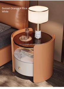 Modern Round Nightstand with Glass Top and Marble <b>Shelf</b> White Storage Drawer Bedroom Furniture - Product Image 2