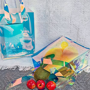 Sac fourre-tout en TPU holographique laser transparent personnalisé avec poignées à rivets, écologique et réutilisable pour l'emballage de vêtements et le <span class=keywords><strong>shopping</strong></span> - Product Image 3