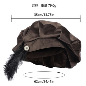 Boina Medieval Unisex con Pluma, Gorro Tudor de Gamuza con Pluma, Gorro de Ministrante, Gorro Renacentista Isabelino - Product Image 2