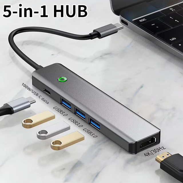 5-Port Type C Hub USB 3.0 Multiport Dock Station with for HDMI 4K 60Hz 100W Charging Adapter Switch Metal Construction