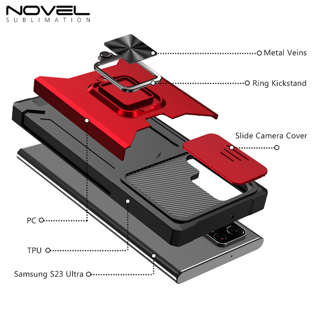 Heavy Duty Shell With Slide Camera Kickstand Cover,  Dual Layer Hybrid Cushioning Rubber Bumper Protective Case for S23 Ultra