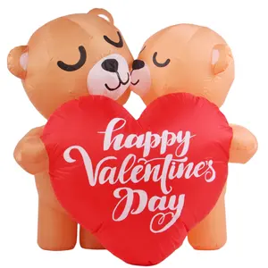 4FT קישוט מתנפח ליום האהבה זוג דובים ועיצוב בלון בצורת לב ליום האהבה עם נורות LED