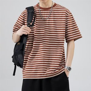 Camiseta de Manga Corta para Hombre, Estilo <span class=keywords><strong>Japon</strong></span>és, Cuello Redondo, Algodón Puro, Rayas, Corte Holgado, Verano <span class=keywords><strong>2022</strong></span>, 200g, Transpirable - Product Image 4