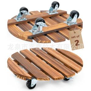 Portable plant stand with wheels, <b>flower</b> pot tray base, casters, and swivel wheels; round wooden plant <b>support</b>. - Product Image 2