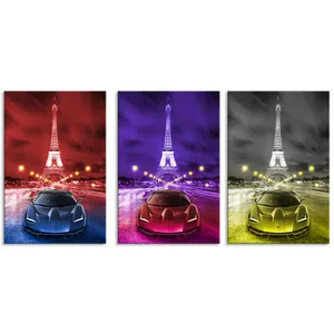 Großhandel 3-Panel Auto unter dem Eiffelturm in Paris Nachtblick Wanddekoration modernes Stadt-Haus-Dekorationsgemälde