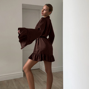 <span class=keywords><strong>Pigiama</strong></span> Autunnale da <span class=keywords><strong>Donna</strong></span> SMOOTH, in Finta Seta, con Volant, Comodo e Ampio, Vestaglia Marrone, Abbigliamento da Casa per Donne - Product Image 2