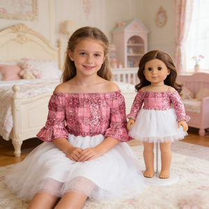 En Stock, Vestido de Princesa Rosa con Lentejuelas <span class=keywords><strong>y</strong></span> Hombros Descubiertos para Muñeca de 18 Pulgadas <span class=keywords><strong>y</strong></span> Niña, Vestido Tutú American Girl para Niñas de 3 a 10 Años - Product Image 1