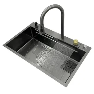 Hot and Cold Pull Kitchen Gun Ash Faucet Whole2018 One Manual Basin Wash Basin Waterfall Rain Sink Faucet Stainless Steel Square