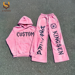Custom High Quality Oversized Heavyweight Cotton Hoodie and Sweatpants Set Vintage Washed Screen Print <b>Tracksuits</b> - Product Image 3