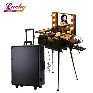 Universal Trolley Roda Rolling Kereta Case Kecantikan Kotak Vanity Case Kulit Makeup Trolley Case dengan Lampu