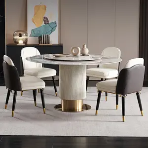 Modern luxury marble style but rock slab top with metal legs kitchen tables round dining table set 6 chairs