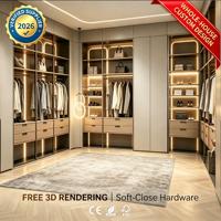 Système de dressing de luxe de style italien avec vitrine en verre et îlot à bijoux pour chambre principale
